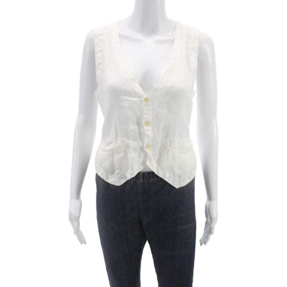 Shirt Unisex Adults Linen V-Neck Sleeveless Blouse Button Front White Size XS